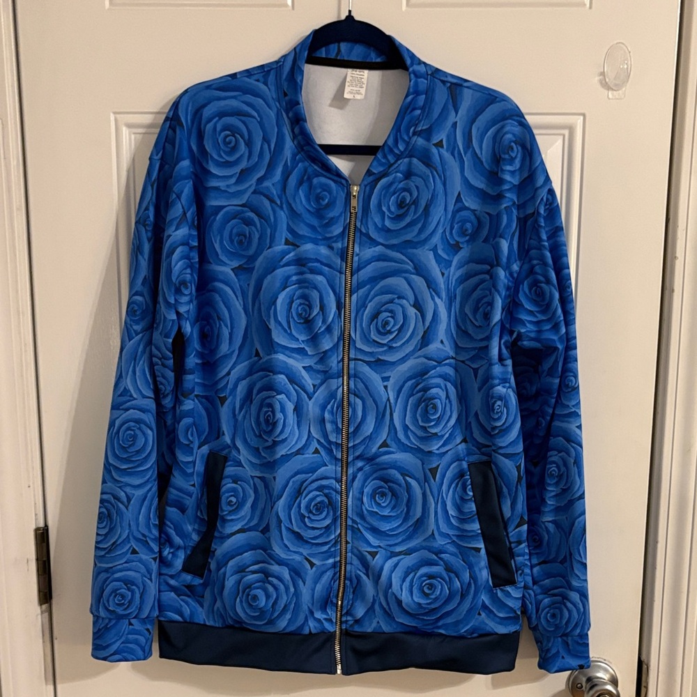 Blue Rose Patterned Zip Up Jacket - image 1